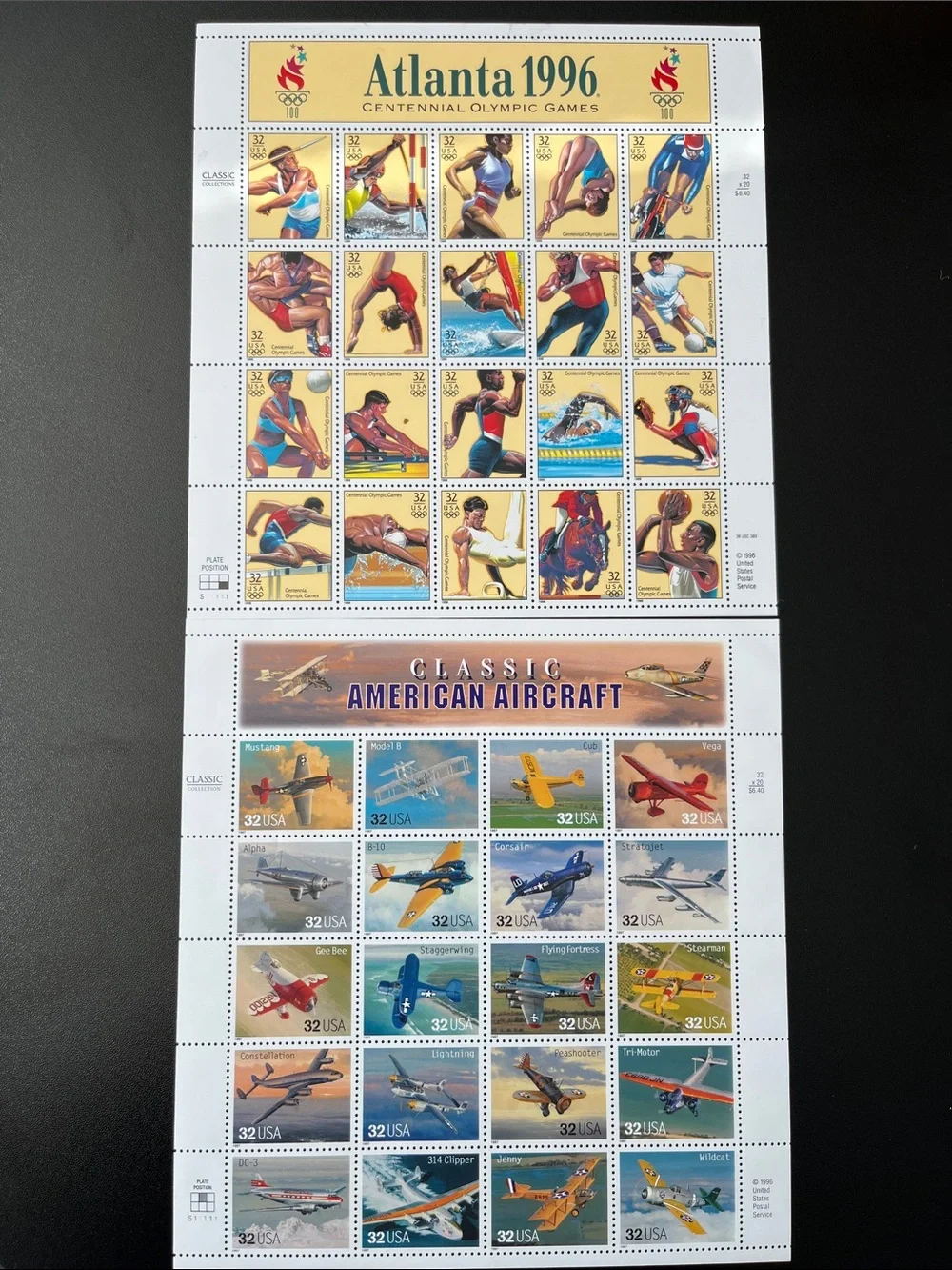 Atlanta 1996 Olympic Games  +1997 Classic American Aircraft 32c Stamp Sheets NEW